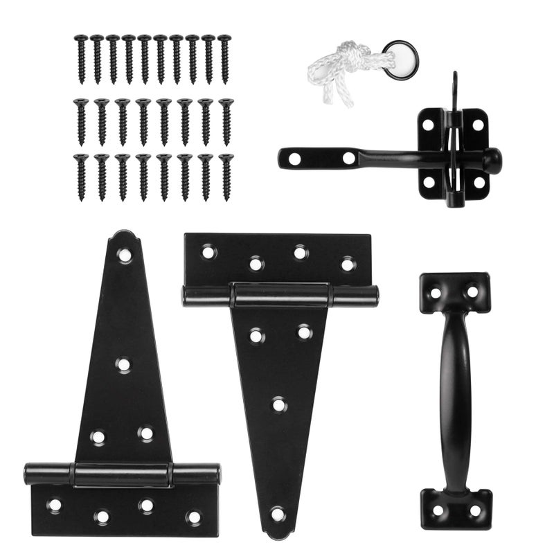 HILLMASTER Heavy Duty Gate Latch Door Handle Hardware Kit for Wooden Fence, Self-Closing Gate Latch with Pull String, Decorative Metal Gate Pull Handle, 2 Pack 6in T-Strap Gate Hinges, Black Finish - Image 1